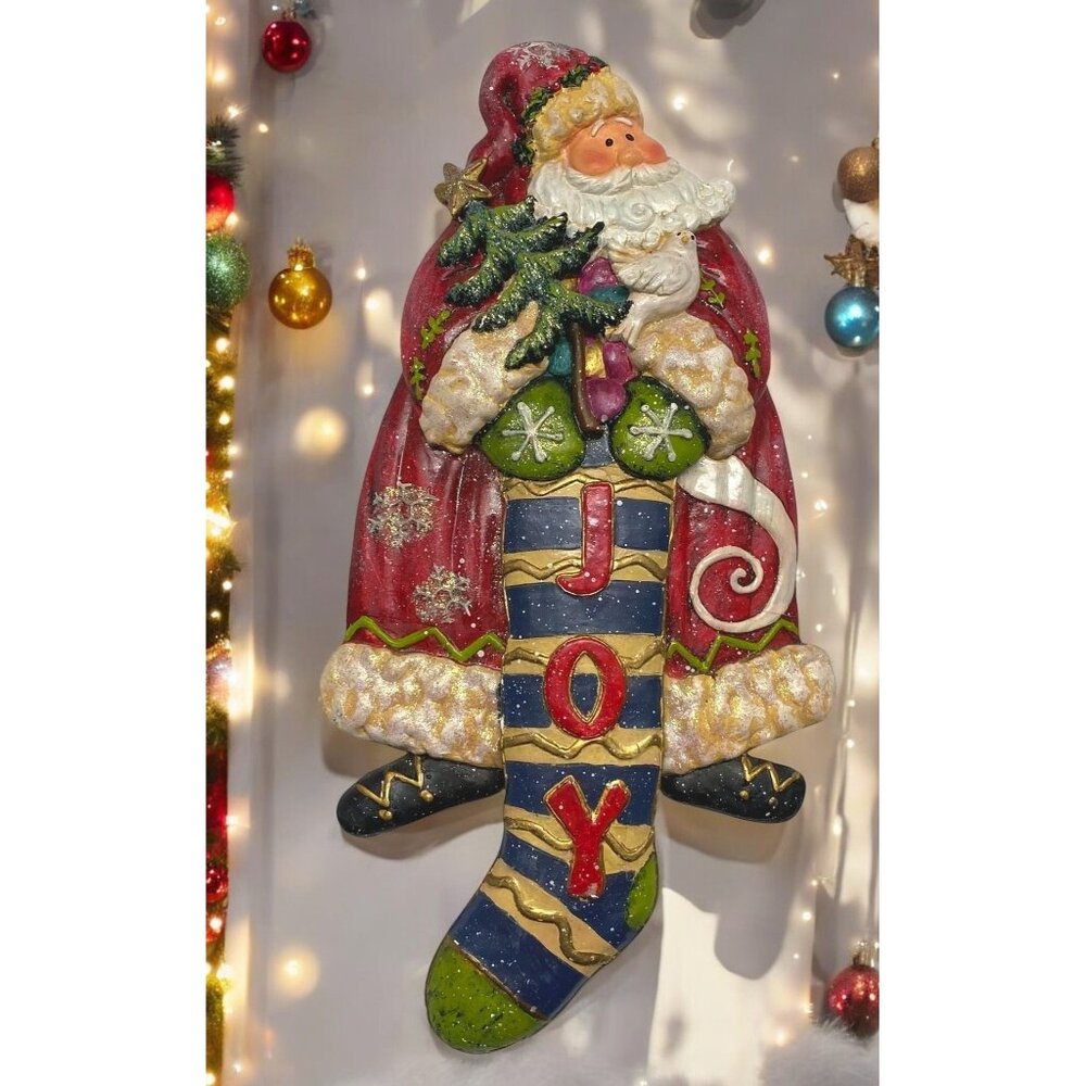 Vintage Santa Claus Christmas Wall Hanging Holding Joy Stocking 13 Inch